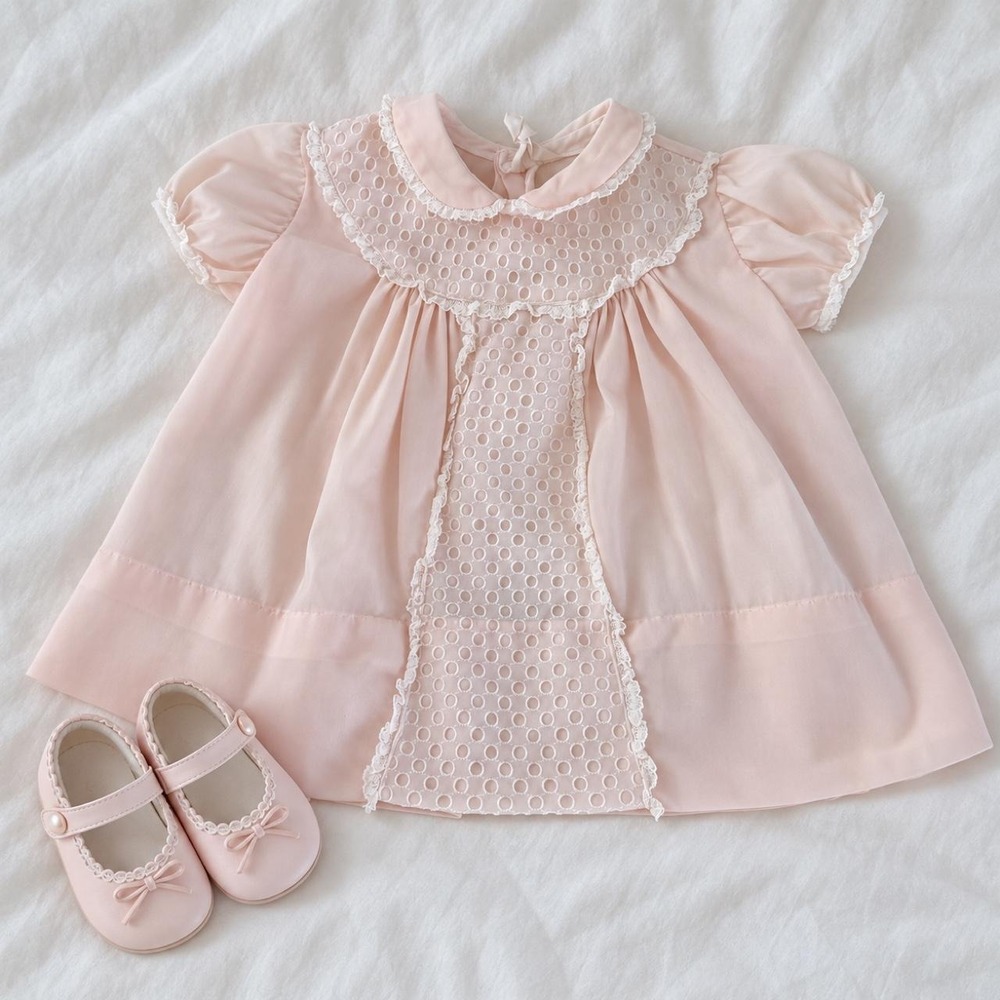 60s Vintage pink eyelet baby dress size 6 to 9 months